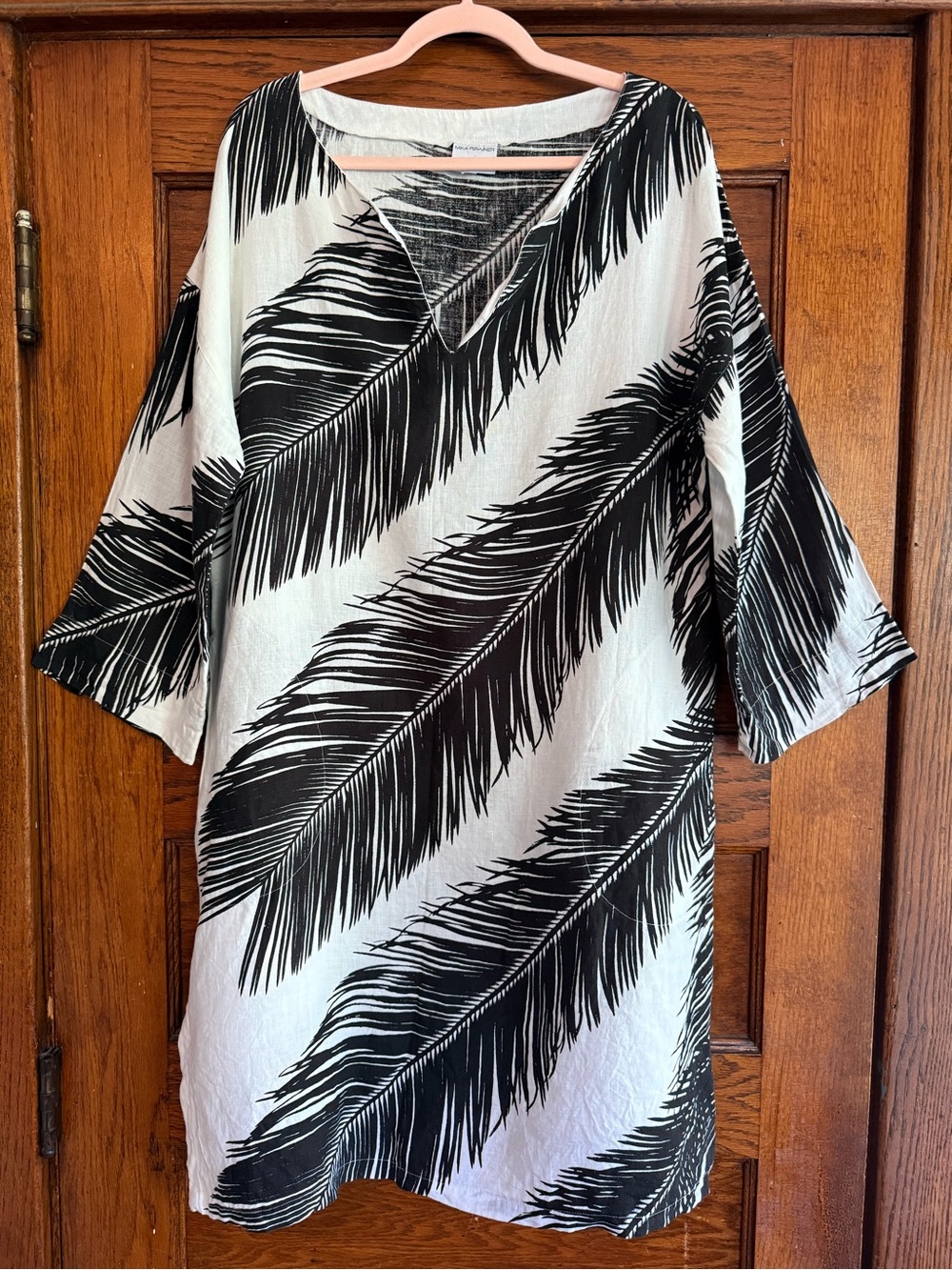 MARIMEKKO 100% Linen Palm Frond Tunic Dress Tropical Resortwear Quiet Luxury L